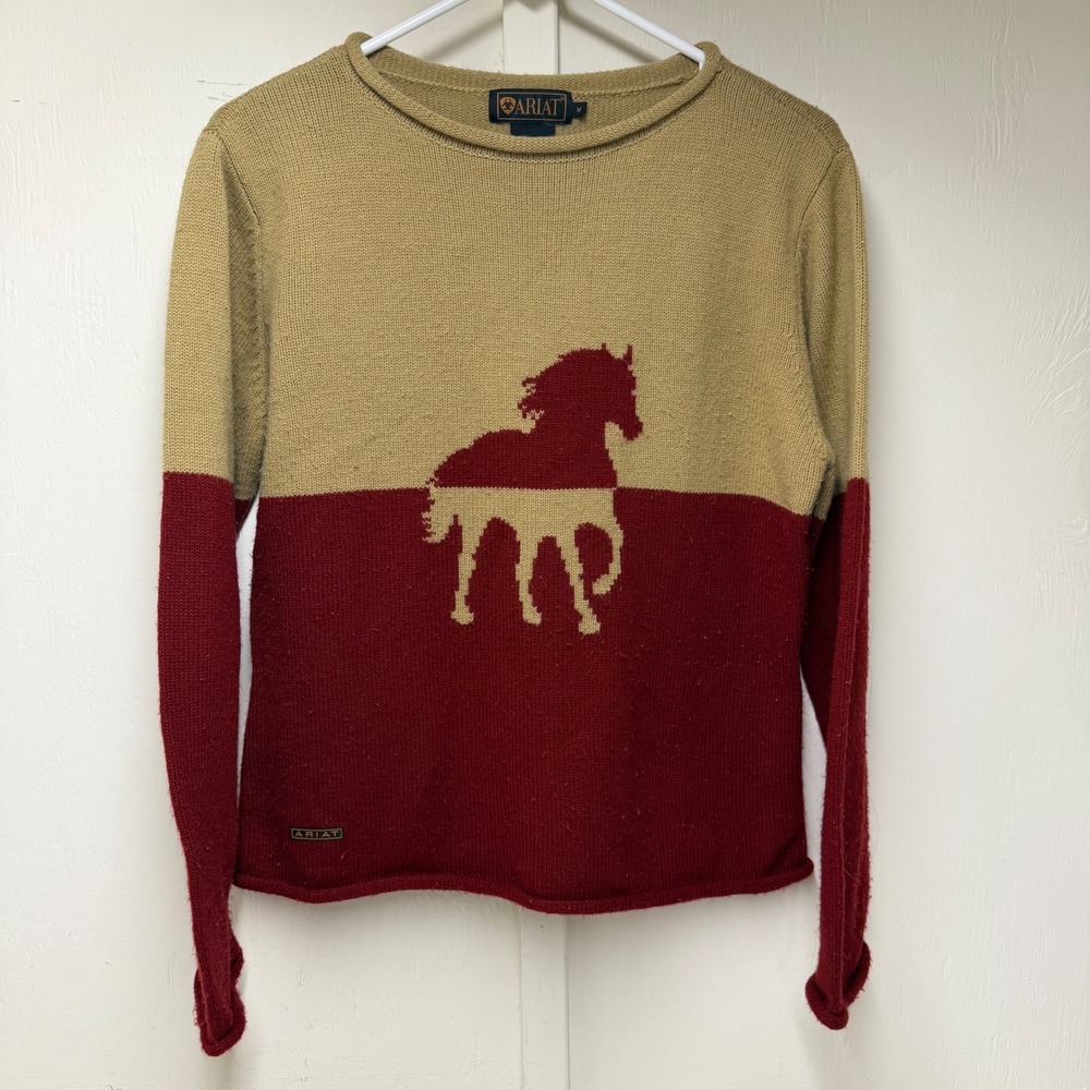 Ariat Womens Horse Graphic Color Block Knit Sweater Burgundy Tan Size M